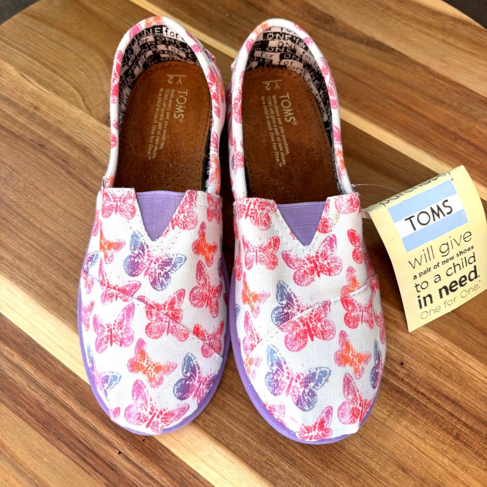 TOMS Youth Classics Purple Butterfly Canvas Slip On Shoes Size 2
